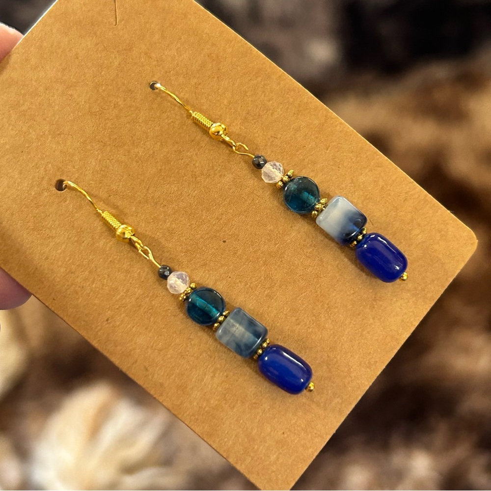 Handcrafted blue chalcedony cat eye glass faceted hematite earrings